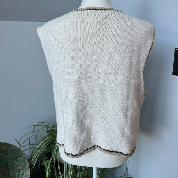 Crochet Button Up Sweater Vest Cream Tan Brown Grannycore size Large - Picture 2 of 5